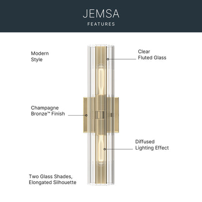 Kichler Jemsa 18in 2-Light Bath Bracket | Modern Champagne Bronze Steel and Clear Fluted Glass | Bathroom & Powder Room Vanity Light | 18 x 4.75 in | Model 55166CPZ