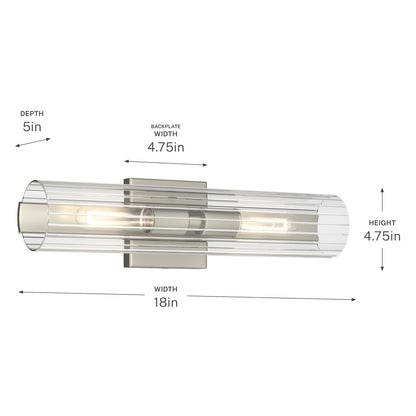 Kichler Jemsa 18in 2-Light Bath Bracket | Modern Brushed Nickel Steel and Clear Fluted Glass | Bathroom & Powder Room Vanity Light | 18 x 4.75 in | Model 55166NI