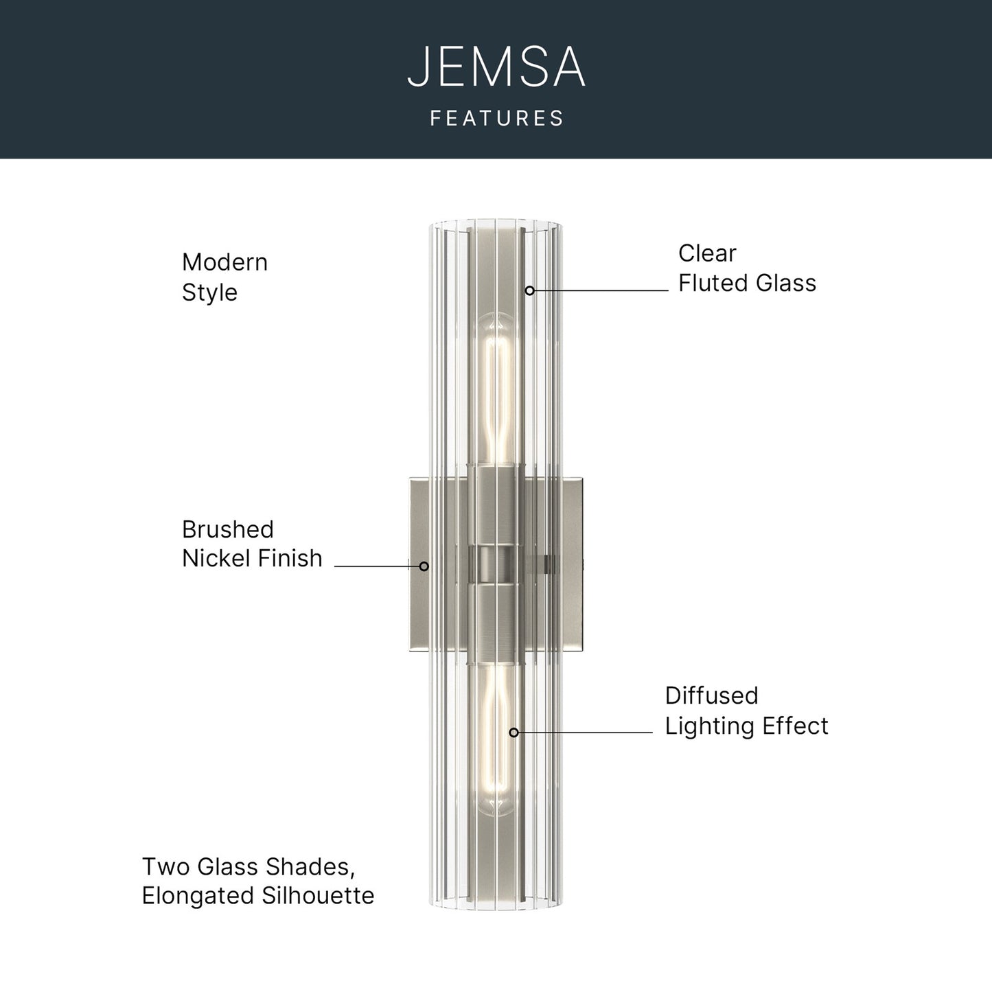 Kichler Jemsa 18in 2-Light Bath Bracket | Modern Brushed Nickel Steel and Clear Fluted Glass | Bathroom & Powder Room Vanity Light | 18 x 4.75 in | Model 55166NI