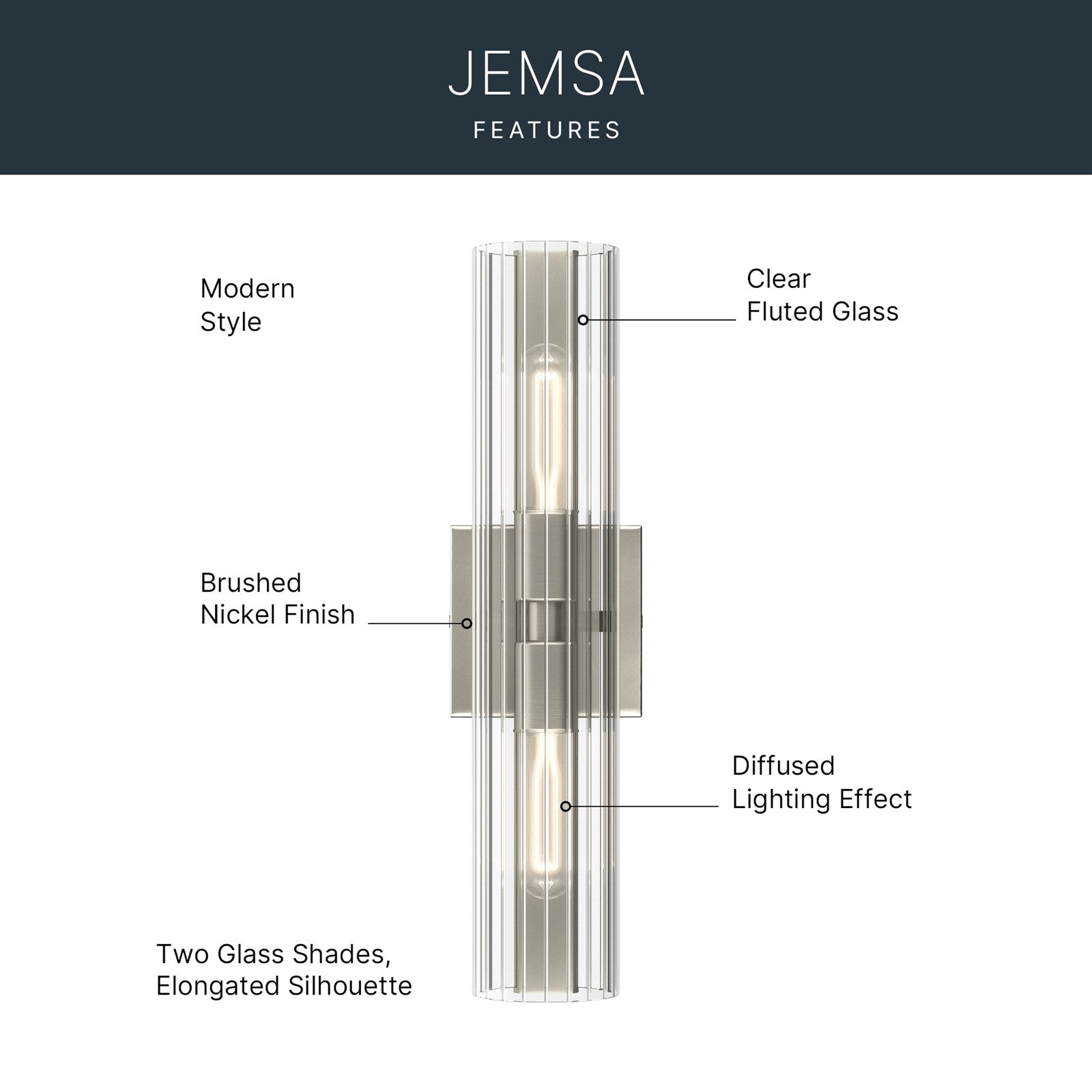 Kichler Jemsa 18in 2-Light Bath Bracket | Modern Brushed Nickel Steel and Clear Fluted Glass | Bathroom & Powder Room Vanity Light | 18 x 4.75 in | Model 55166NI
