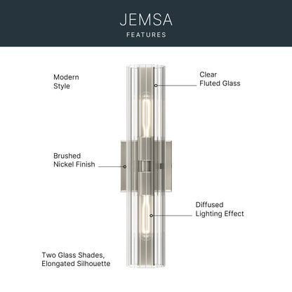 Kichler Jemsa 18in 2-Light Bath Bracket | Modern Brushed Nickel Steel and Clear Fluted Glass | Bathroom & Powder Room Vanity Light | 18 x 4.75 in | Model 55166NI