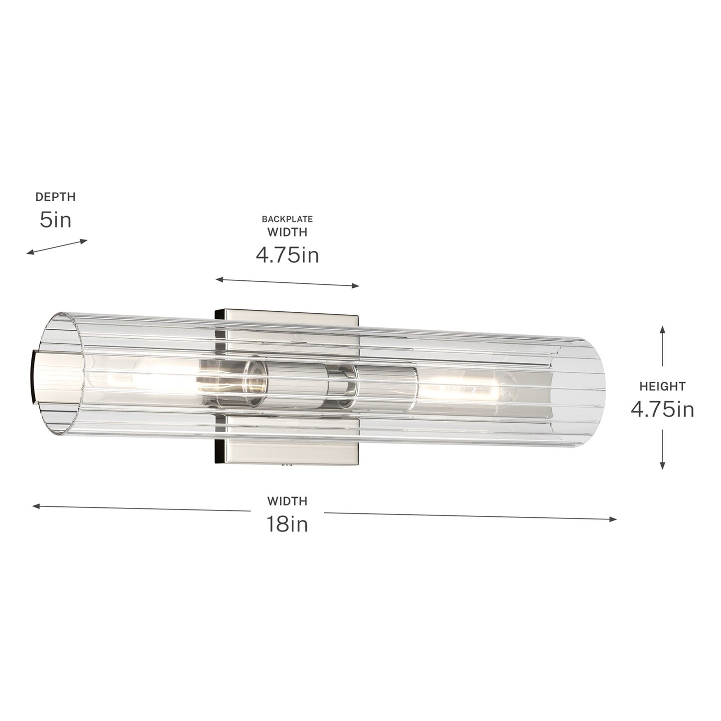 Kichler Jemsa 18in 2-Light Bath Bracket | Modern Polished Nickel Steel and Clear Fluted Glass | Bathroom & Powder Room Vanity Light | 18 x 4.75 in | Model 55166PN