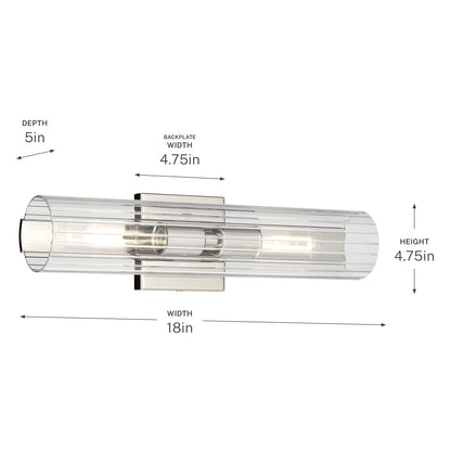Kichler Jemsa 18in 2-Light Bath Bracket | Modern Polished Nickel Steel and Clear Fluted Glass | Bathroom & Powder Room Vanity Light | 18 x 4.75 in | Model 55166PN