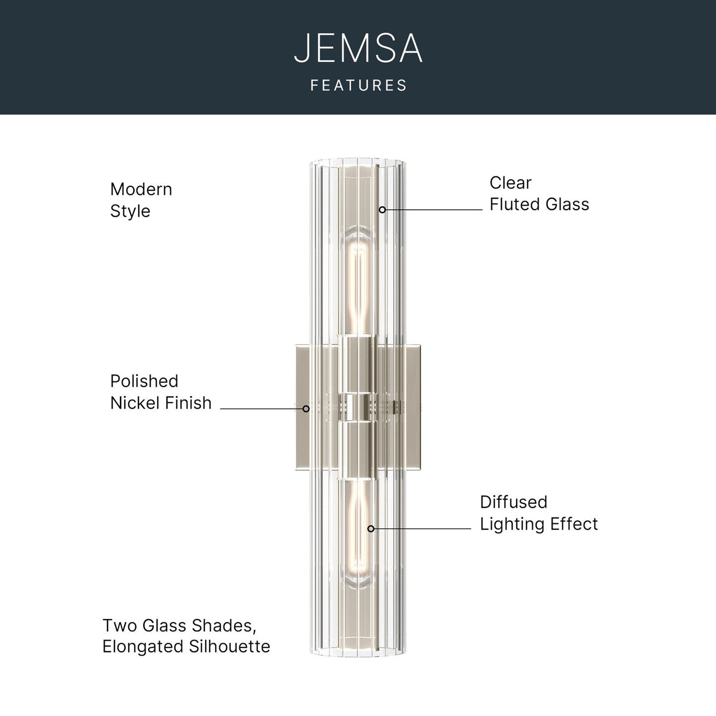 Kichler Jemsa 18in 2-Light Bath Bracket | Modern Polished Nickel Steel and Clear Fluted Glass | Bathroom & Powder Room Vanity Light | 18 x 4.75 in | Model 55166PN