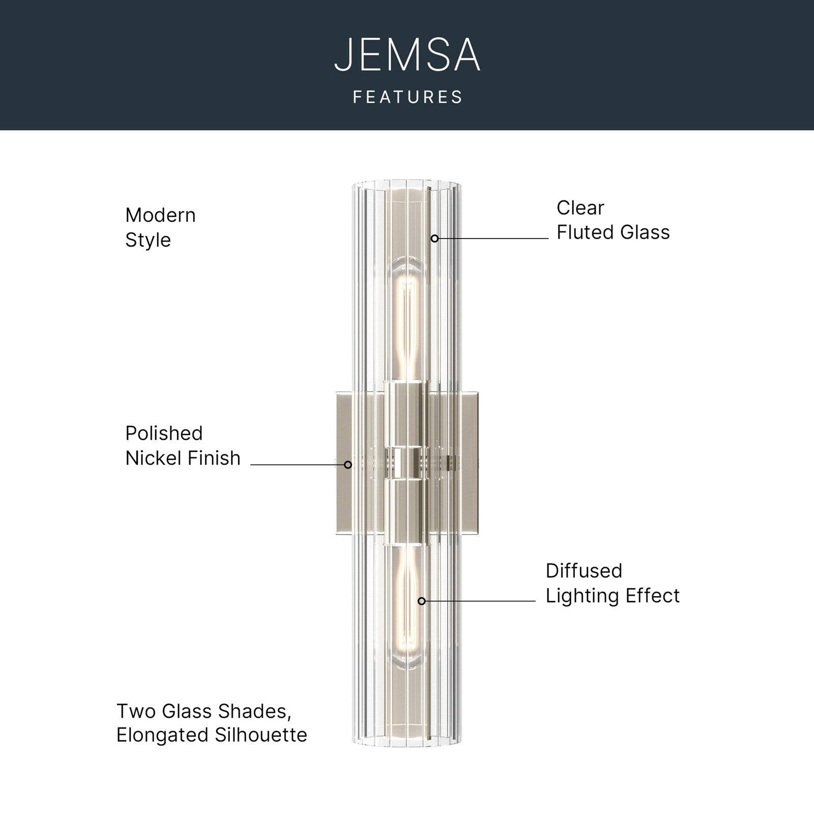 Kichler Jemsa 18in 2-Light Bath Bracket | Modern Polished Nickel Steel and Clear Fluted Glass | Bathroom & Powder Room Vanity Light | 18 x 4.75 in | Model 55166PN