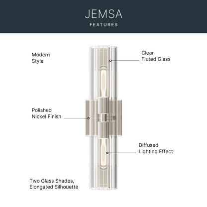 Kichler Jemsa 18in 2-Light Bath Bracket | Modern Polished Nickel Steel and Clear Fluted Glass | Bathroom & Powder Room Vanity Light | 18 x 4.75 in | Model 55166PN