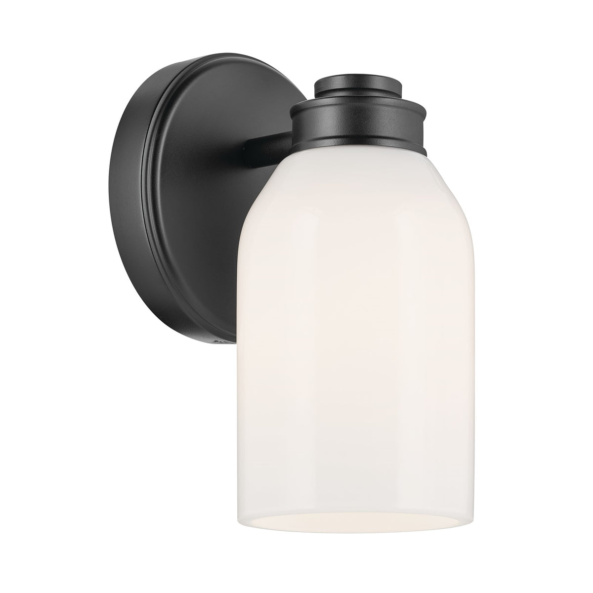 Kichler Shae 8.25in 1-Light Wall Sconce | Black and Cased Opal Glass | Bedroom & Hallway Accent | 5 x 8.25 in, Damp Rated | Model 55200BK