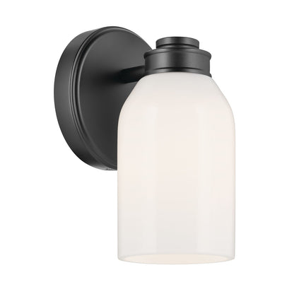 Kichler Shae 8.25in 1-Light Wall Sconce | Black and Cased Opal Glass | Bedroom & Hallway Accent | 5 x 8.25 in, Damp Rated | Model 55200BK
