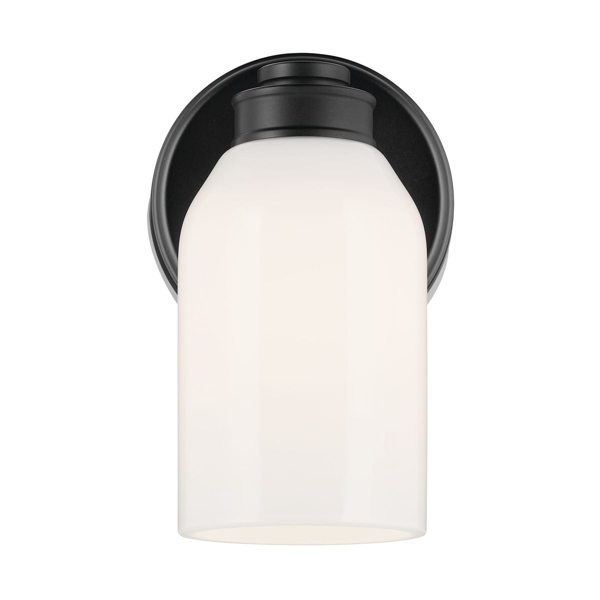 Kichler Shae 8.25in 1-Light Wall Sconce | Black and Cased Opal Glass | Bedroom & Hallway Accent | 5 x 8.25 in, Damp Rated | Model 55200BK
