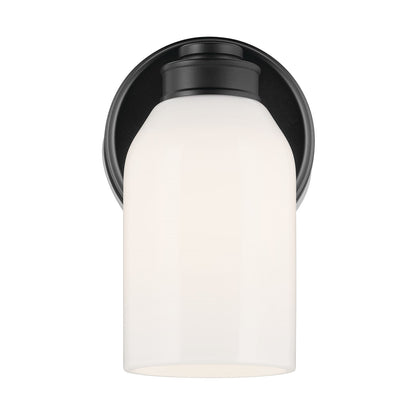 Kichler Shae 8.25in 1-Light Wall Sconce | Black and Cased Opal Glass | Bedroom & Hallway Accent | 5 x 8.25 in, Damp Rated | Model 55200BK