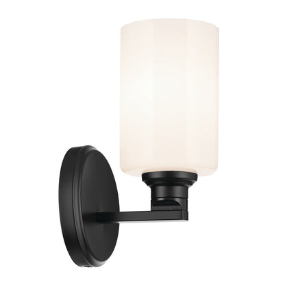 Kichler Gioe 1-Light Wall Sconce | Modern Black Steel and White Opal Glass | Hallway & Bathroom Accent | 5 x 9.5 in | Model 55224BK