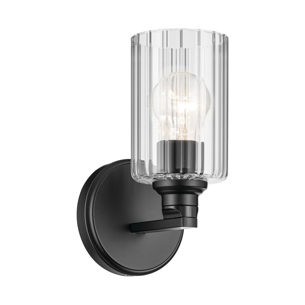 Kichler Gioe 1-Light Wall Sconce | Modern Black Steel and Clear Fluted Glass | Hallway & Bathroom Accent | 5 x 9.5 in | Model 55224BKFLU