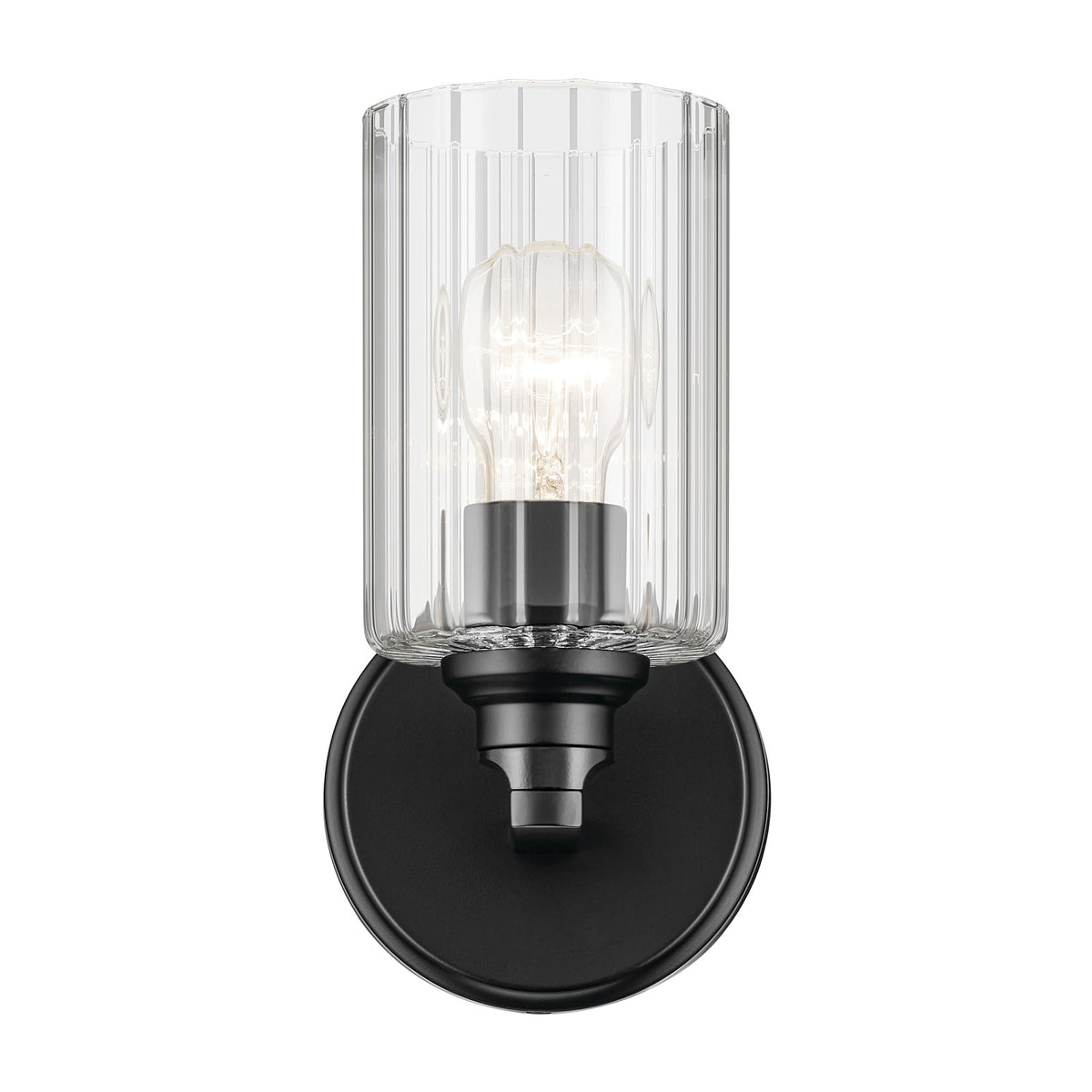 Kichler Gioe 1-Light Wall Sconce | Modern Black Steel and Clear Fluted Glass | Hallway & Bathroom Accent | 5 x 9.5 in | Model 55224BKFLU