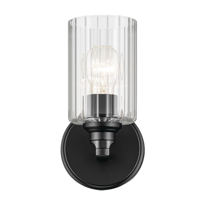 Kichler Gioe 1-Light Wall Sconce | Modern Black Steel and Clear Fluted Glass | Hallway & Bathroom Accent | 5 x 9.5 in | Model 55224BKFLU