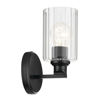 Kichler Gioe 1-Light Wall Sconce | Modern Black Steel and Clear Fluted Glass | Hallway & Bathroom Accent | 5 x 9.5 in | Model 55224BKFLU