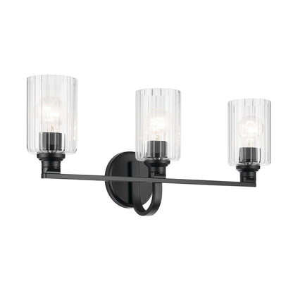 Kichler Gioe 24in 3-Light Vanity Light | Modern Black and Clear Fluted Glass | Bathroom Vanity | 24.25 x 10.5 in | Model 55226BKFLU