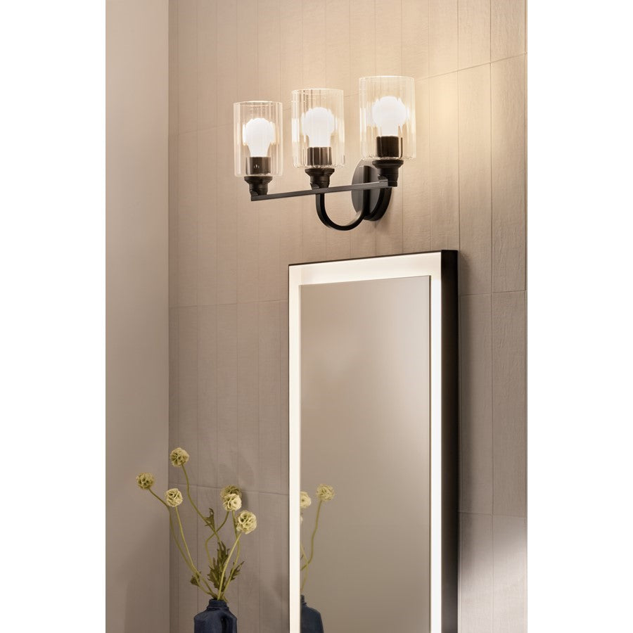 Kichler Gioe 24in 3-Light Vanity Light | Modern Black and Clear Fluted Glass | Bathroom Vanity | 24.25 x 10.5 in | Model 55226BKFLU