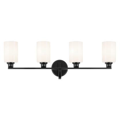 Kichler Gioe 32in 4-Light Vanity Light | Modern Black Steel and Opal Glass | Bathroom Vanity | 32.25 x 10.5 in | Model 55227BK