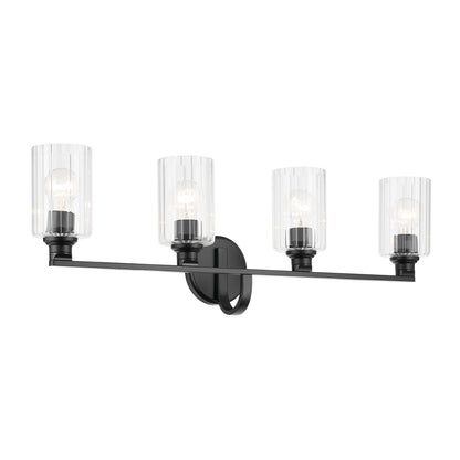 Kichler Gioe 32in 4-Light Vanity Light | Modern Black and Clear Fluted Glass | Bathroom & Powder Room | 32 x 10 in | Model 55227BKFLU