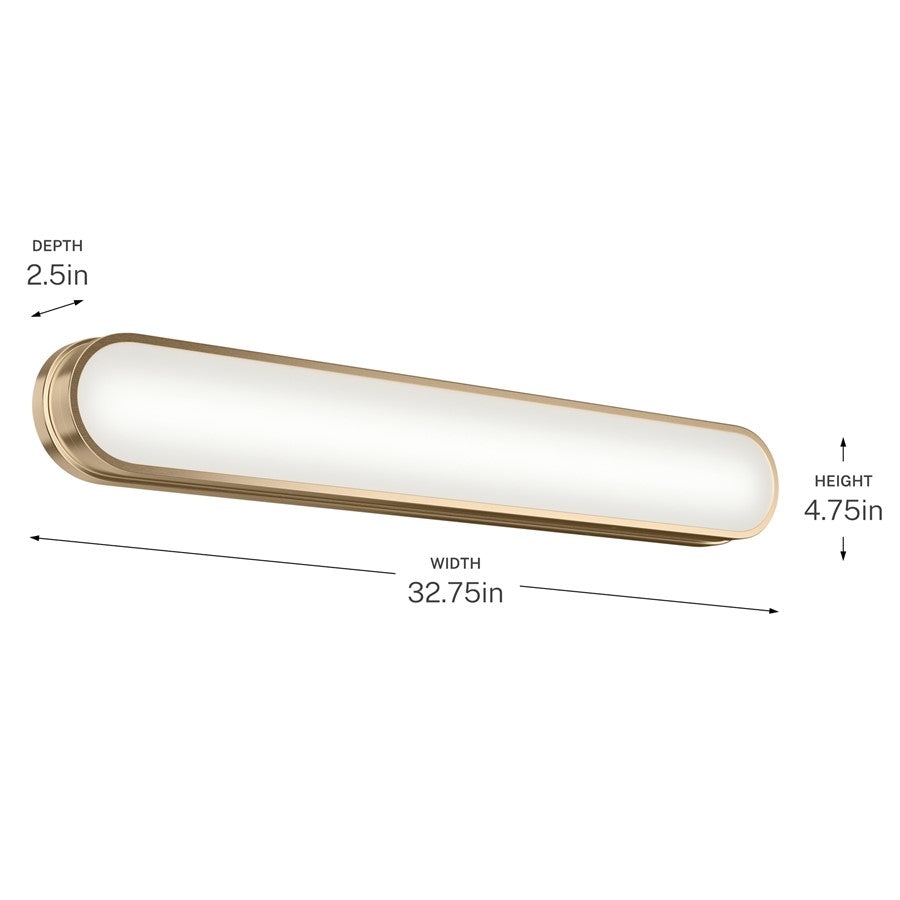 Kichler Daines 32in LED Bath Bar | Modern Champagne Bronze and White Glass | Bathroom Vanity | 32.75 x 4.75 x 2.5 in | Model 55248CPZLED