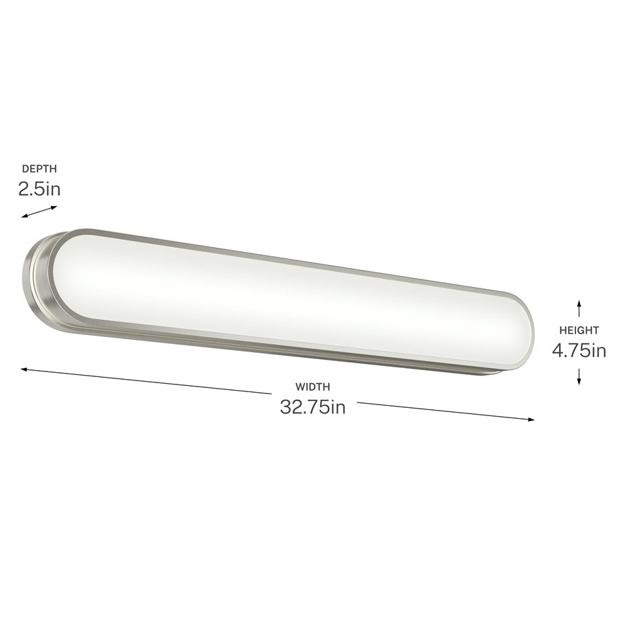 Kichler Daines 32.75in 1-Light LED Bath Bar | Modern Brushed Nickel and White Glass | Bathroom Vanity | 32.75 x 4.75 x 2.5 in | Model 55248NILED
