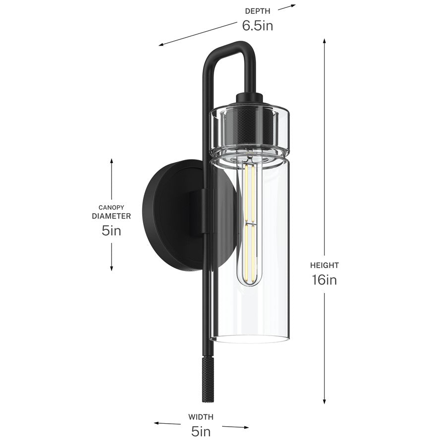 Kichler Niccol 16in 1-Light Wall Sconce | Industrial Black and Clear Glass | Hallway & Bathroom | 5 x 16 in | Model 55250BK