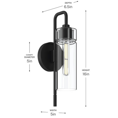 Kichler Niccol 16in 1-Light Wall Sconce | Industrial Black and Clear Glass | Hallway & Bathroom | 5 x 16 in | Model 55250BK