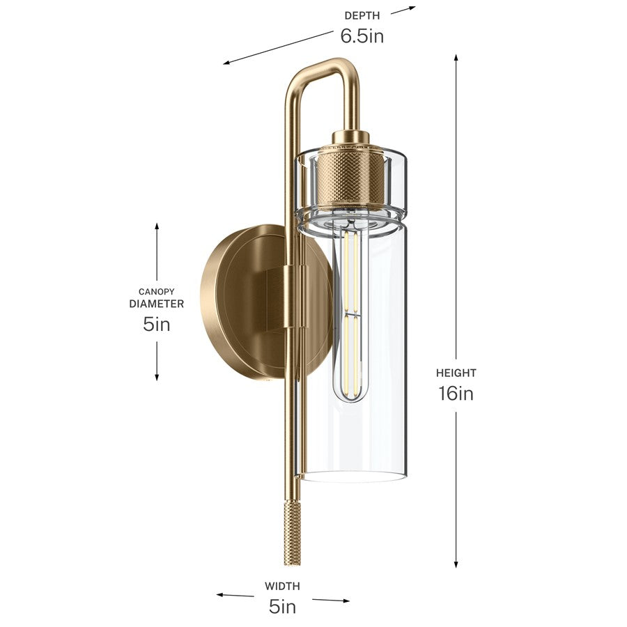 Kichler Niccol 16in 1-Light Wall Sconce | Modern Champagne Bronze and Clear Glass | Bedroom & Hallway Accent | 5 x 16 x 6.5 in | Model 55250CPZ