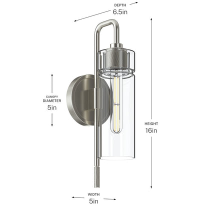 Kichler Niccol 16in 1-Light Wall Sconce | Modern Brushed Nickel and Clear Glass | Bathroom & Hallway | 5 x 16 x 6.5 in | Model 55250NI