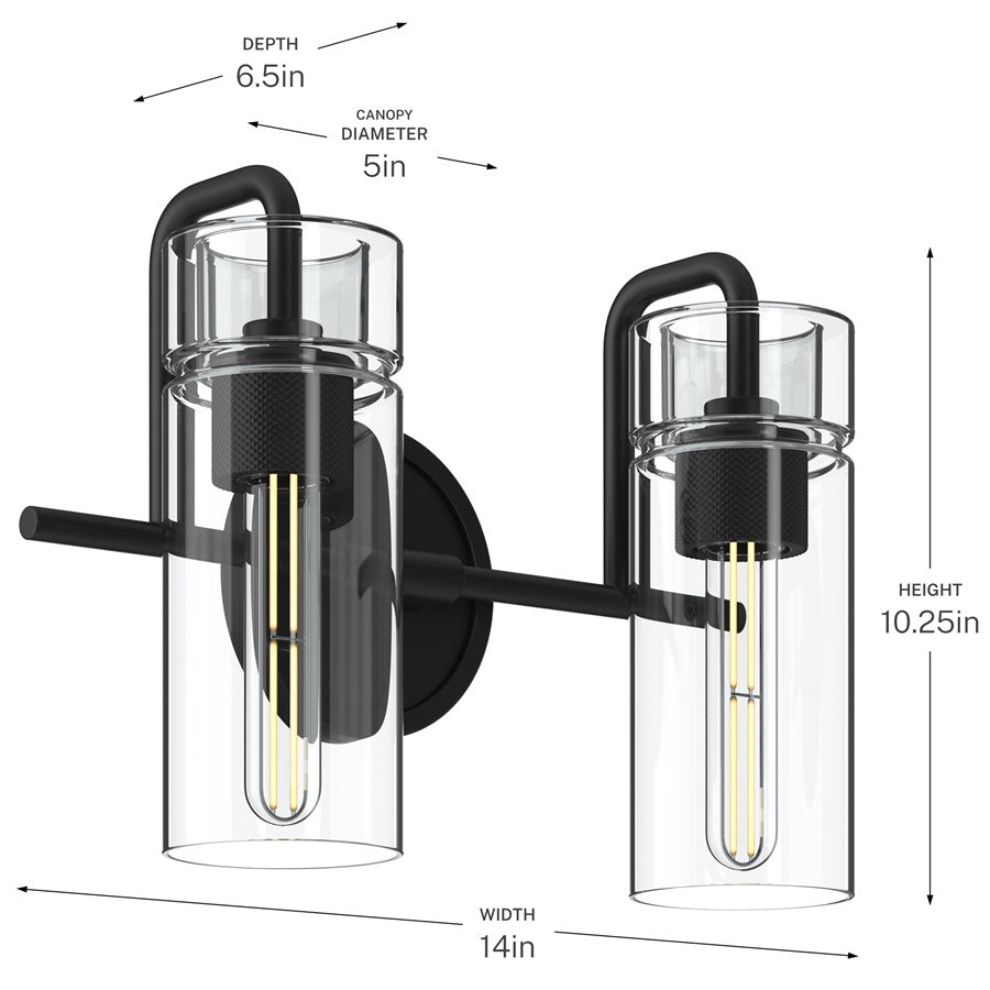 Kichler Niccol 14in 2-Light Vanity Light | Modern Black and Clear Glass | Bathroom Vanity | 14 x 10 x 6.5 in | Model 55251BK