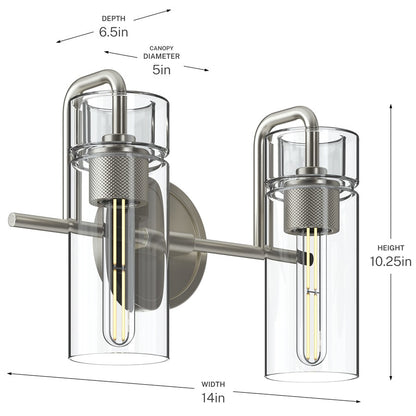 Kichler Niccol 14in 2-Light Vanity Light | Modern Brushed Nickel and Clear Glass | Bathroom Vanity & Hallway | 14 x 10.25 x 6.5 in | Model 55251NI