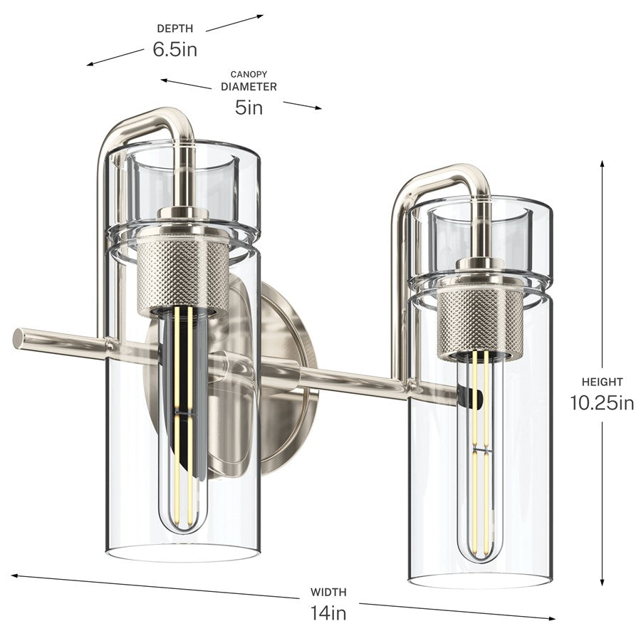 Kichler Niccol 14in 2-Light Vanity Light | Modern Polished Nickel and Clear Glass | Bathroom Vanity | 14 x 10 x 6.5 in | Model 55251PN