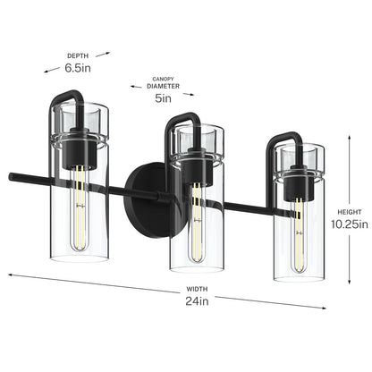 Kichler Niccol 24in 3-Light Vanity Light | Modern Black and Clear Glass | Bathroom Vanity | 24 x 10 x 7 in | Model 55252BK
