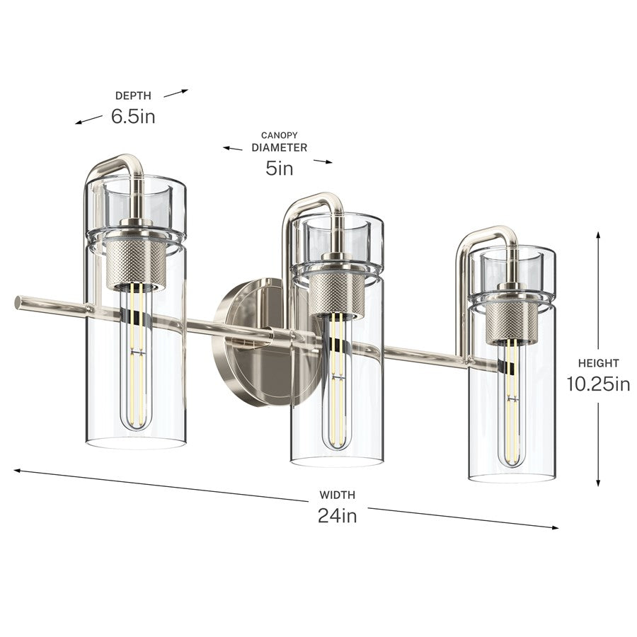 Kichler Niccol 24in 3-Light Vanity Light | Modern Polished Nickel and Clear Glass | Bathroom Vanity | 24 x 10 x 6.5 in | Model 55252PN