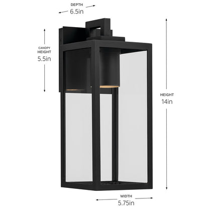 Kichler Branner 14in 1-Light Outdoor Wall Sconce | Traditional Textured Black and Clear Glass | Covered Patio & Entryway | Model 59111BKTDS