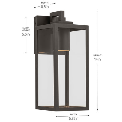 Kichler Branner 14in 1-Light Outdoor Wall Sconce | Traditional Olde Bronze and Clear Glass | Covered Patio & Entryway | 5.75 x 14 in | Model 59111OZDS