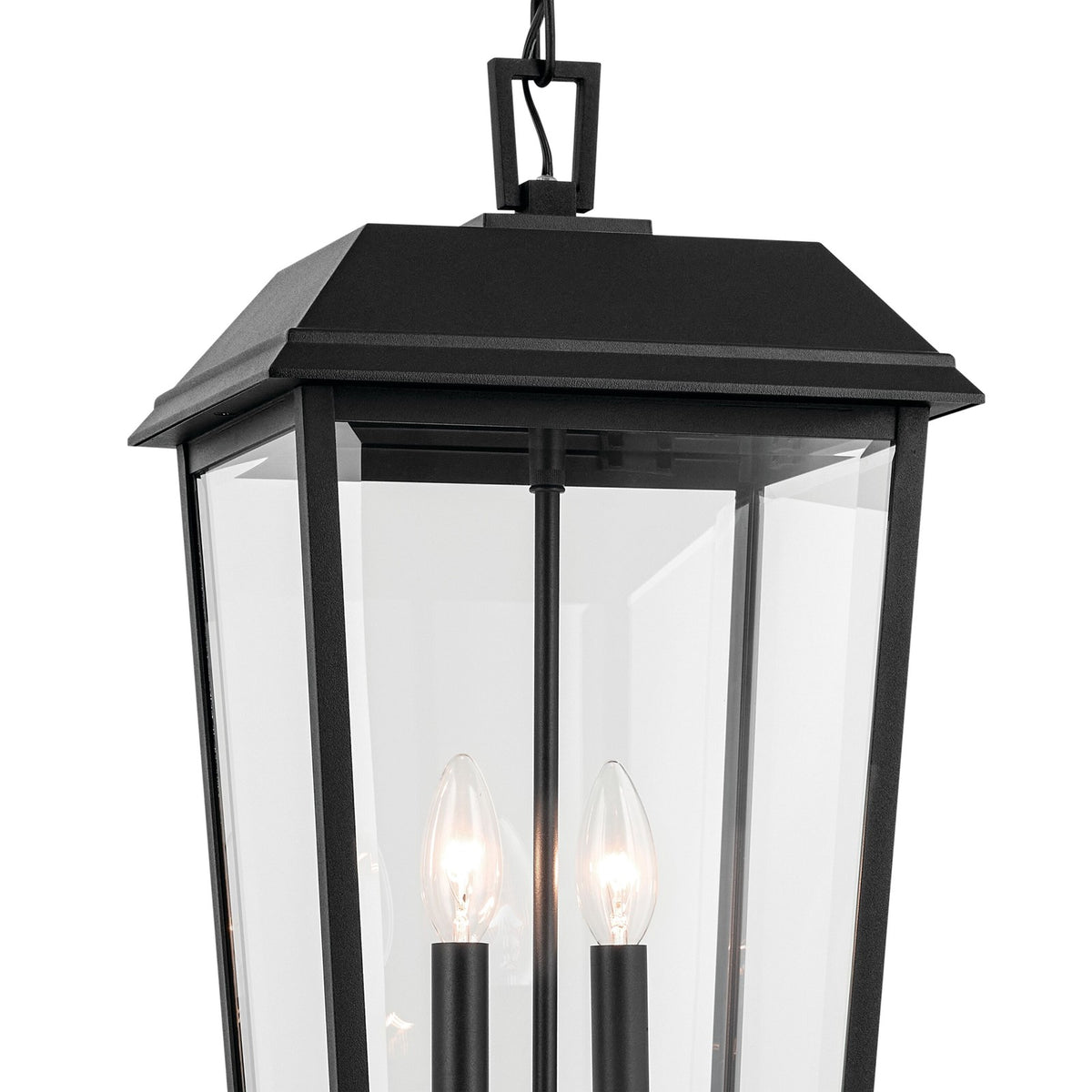 Kichler Mathus 9.5in 2-Light Outdoor Pendant | Traditional Textured Black and Clear Beveled Glass | Covered Patio & Entryway | Model 59122BKT