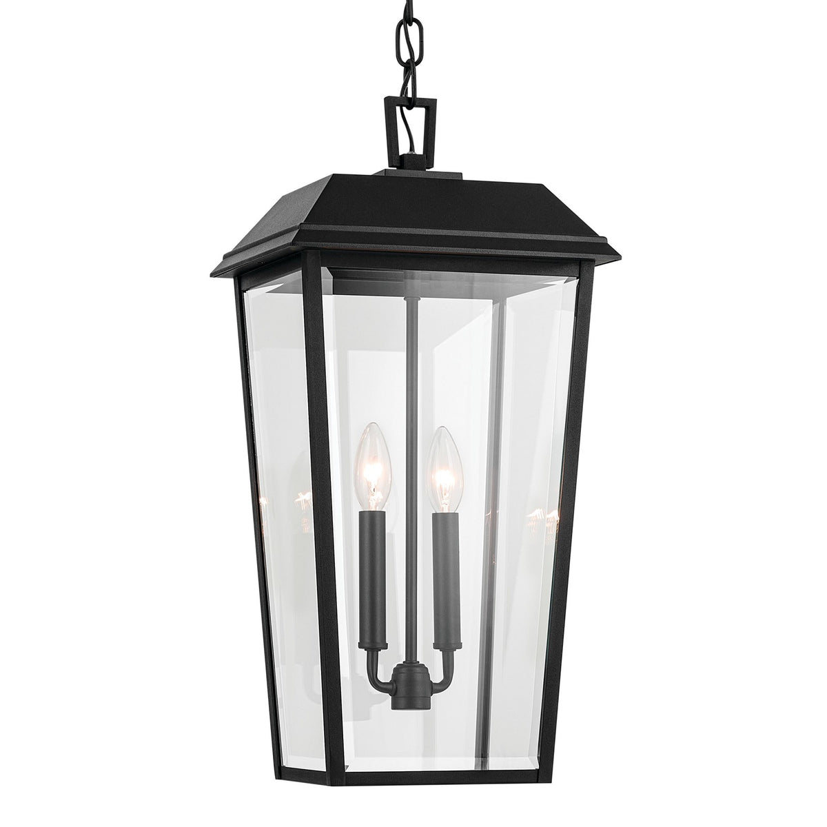 Kichler Mathus 9.5in 2-Light Outdoor Pendant | Traditional Textured Black and Clear Beveled Glass | Covered Patio & Entryway | Model 59122BKT