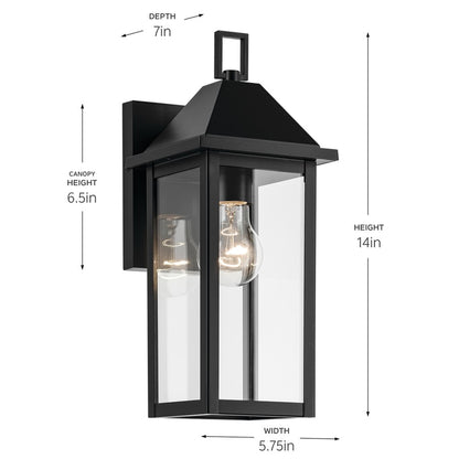 Kichler Prin 1-Light 14in Outdoor Wall Light | Traditional Black Aluminum and Clear Glass | Covered Patio & Entryway | Model 59157BK
