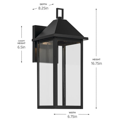 Kichler Prin 17in 1-Light Outdoor Wall Sconce | Traditional Black and Clear Glass | Front Porch & Garage | 6.75 x 16.75 x 8.25 in | Model 59158BKDS