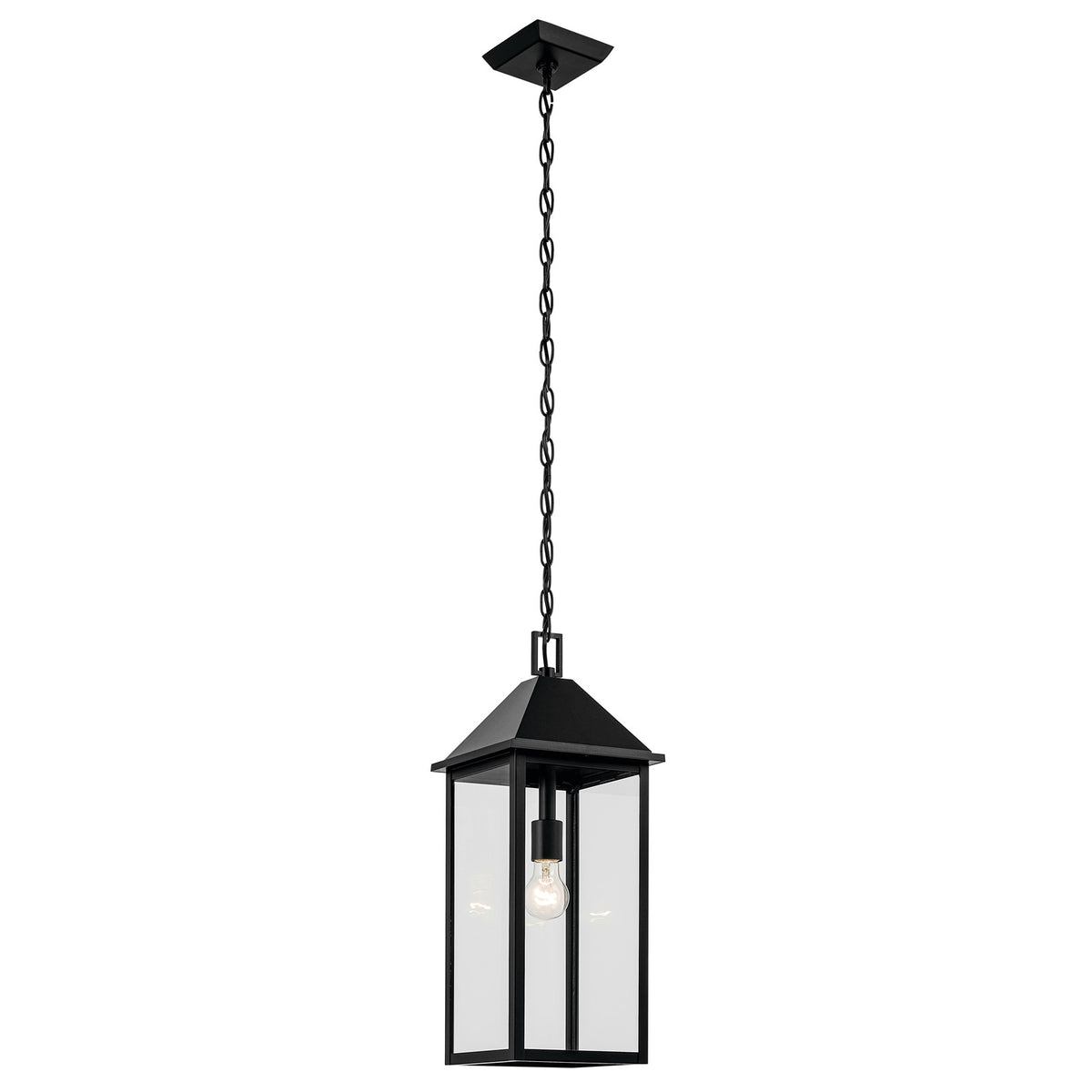 Kichler Prin 22in 1-Light Outdoor Pendant | Traditional Black Aluminum and Clear Glass | Porch & Patio | 9 x 9 x 22 in | Model 59160BK