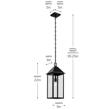 Kichler Prin 22in 1-Light Outdoor Pendant | Traditional Black Aluminum and Clear Glass | Porch & Patio | 9 x 9 x 22 in | Model 59160BK