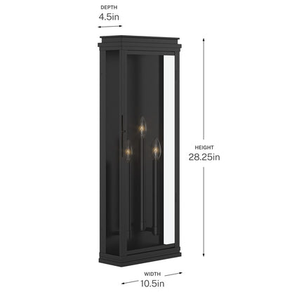 Kichler Lundon 28.25in 3-Light Outdoor Wall Light | Traditional Black Aluminum and Clear Glass | Porch & Patio | 10.5 x 28.25 x 4.5 in | Model 59165BK