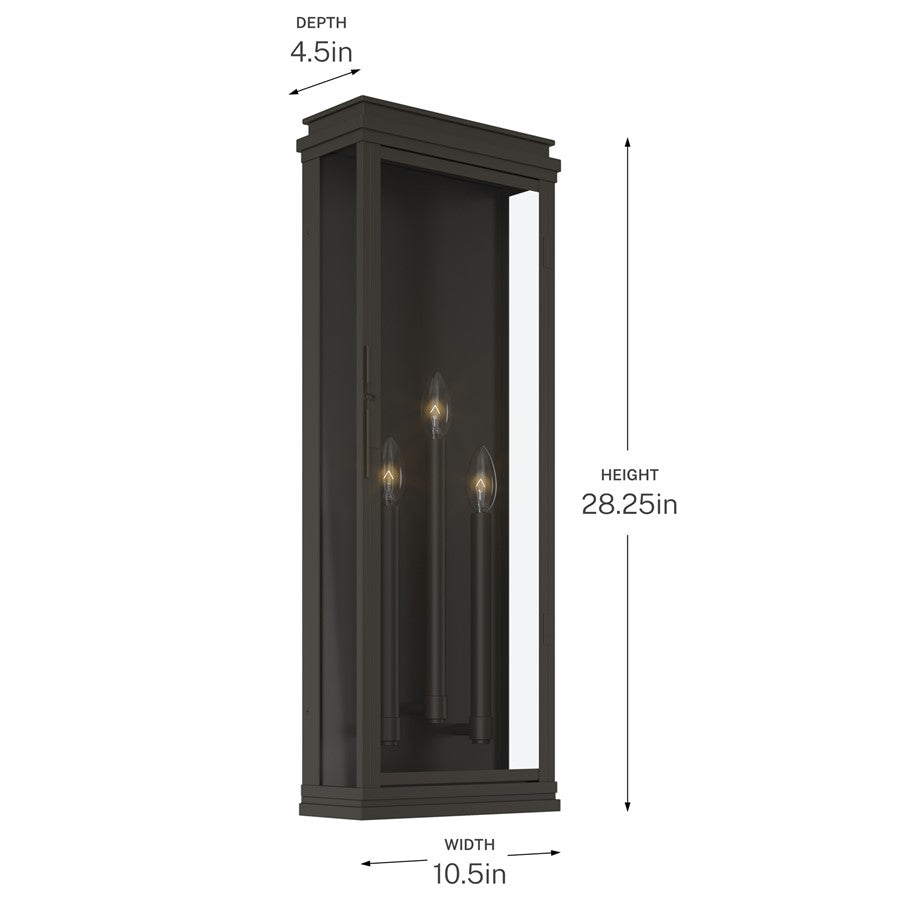 Kichler Lundon 28in 3-Light Outdoor Wall Light | Traditional Olde Bronze Aluminum | Porch & Patio Wet Location | 10.5 x 28.25 in | Model 59165OZ