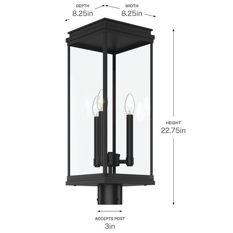 Kichler Lundon 22.75in 3-Light Outdoor Post Light | Traditional Black and Clear Glass | Driveway & Entryway | 8.25 x 8.25 x 22.75 in | Model 59166BK