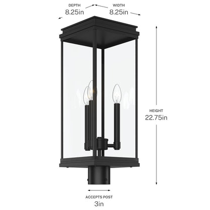 Kichler Lundon 22.75in 3-Light Outdoor Post Light | Traditional Black and Clear Glass | Driveway & Entryway | 8.25 x 8.25 x 22.75 in | Model 59166BK