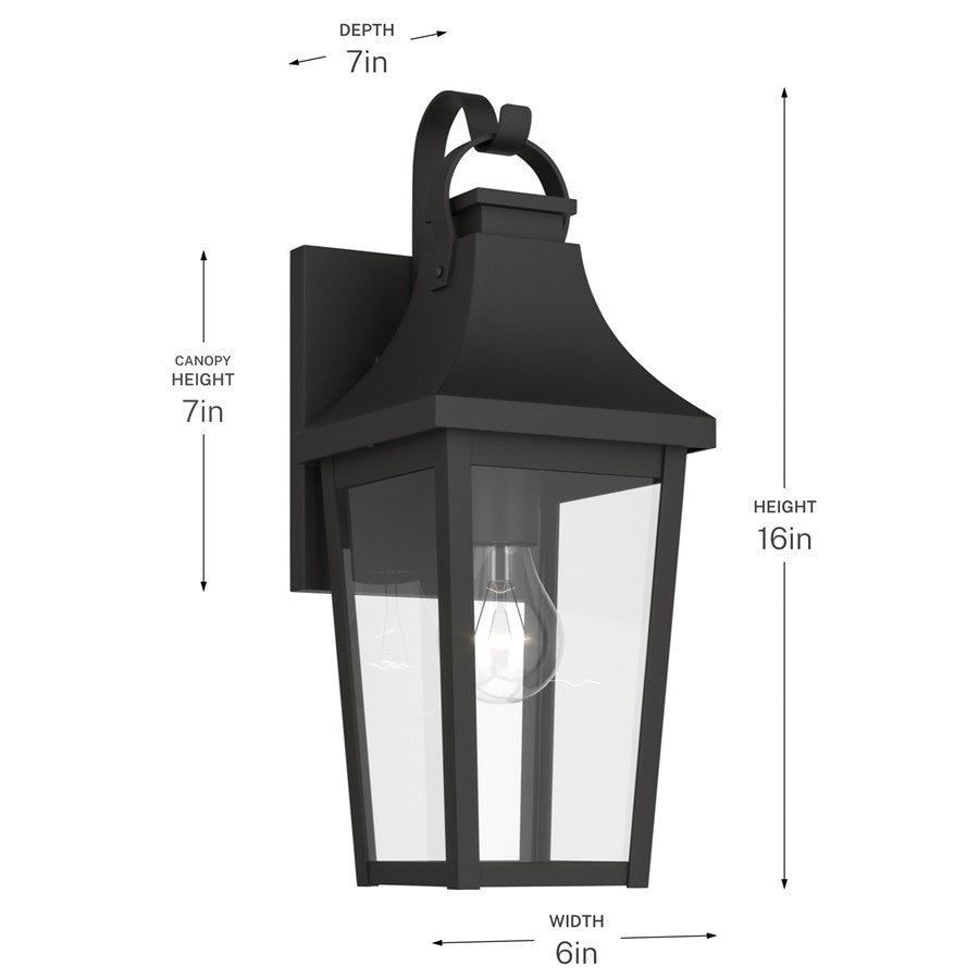 Kichler Cleary 16in 1-Light Outdoor Wall Light | Traditional Textured Black and Clear Glass | Entryway & Patio | 6 x 16 x 7 in | Model 59193BKT