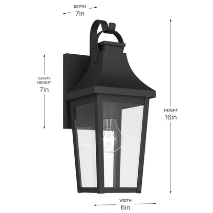 Kichler Cleary 16in 1-Light Outdoor Wall Light | Traditional Textured Black and Clear Glass | Entryway & Patio | 6 x 16 x 7 in | Model 59193BKT