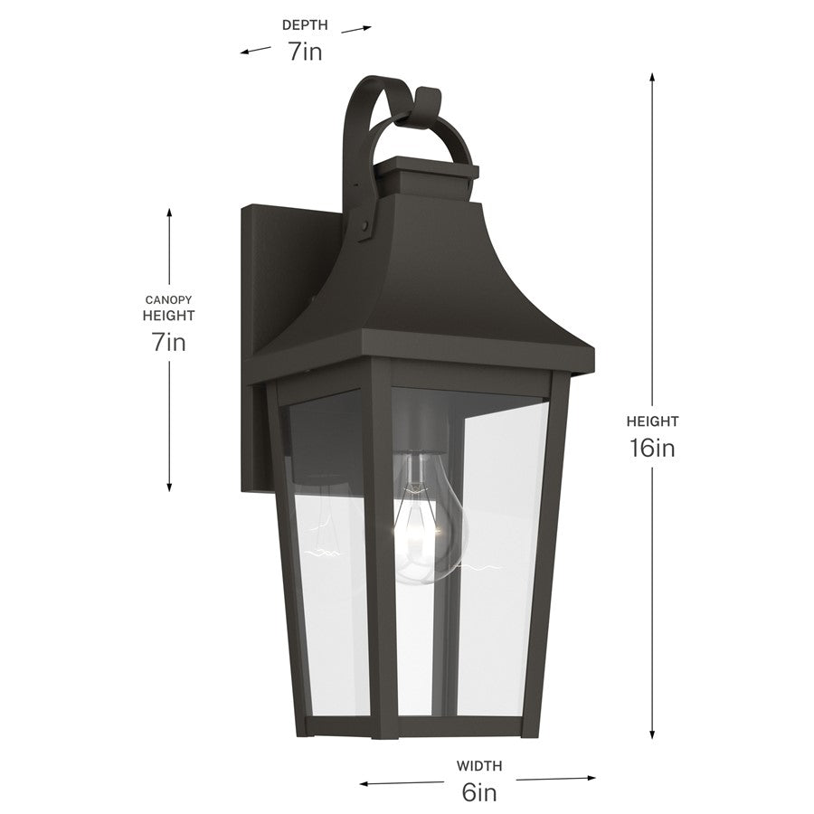 Kichler Cleary 16in 1-Light Outdoor Wall Light | Traditional Olde Bronze Aluminum and Clear Glass | Entryway & Covered Porch | Model 59193OZ