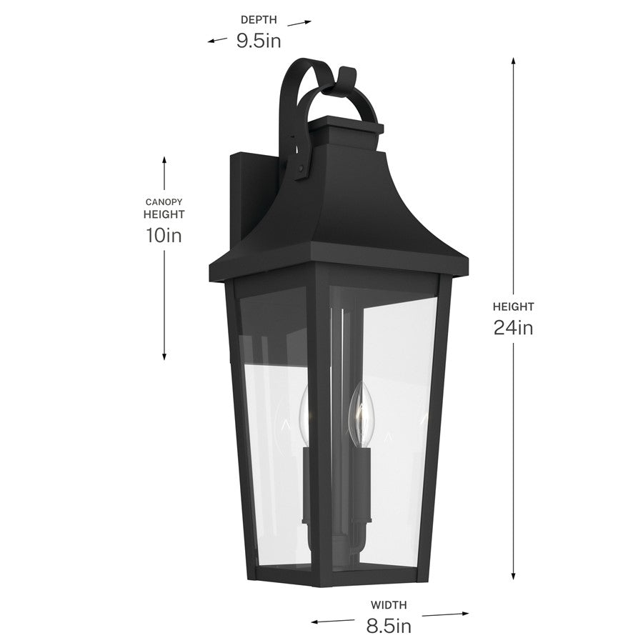Kichler Cleary 24in 2-Light Outdoor Wall Light | Traditional Textured Black Aluminum and Clear Glass | Entryway & Covered Patio | Model 59195BKT